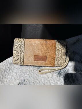 Wrangler Tan Brown Hair-on Cowhide Wristlet Clutch with Tooled Sides wallet
